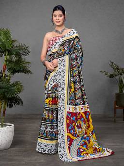 URBAN PALLU - Pure Cotton Black Kalamkari Printed Saree