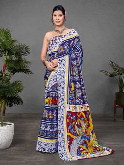 URBAN PALLU - Pure Cotton Blue Kalamkari Printed Saree