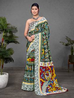 URBAN PALLU - Pure Cotton Green Kalamkari Printed Saree