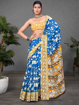 URBAN PALLU - Pure Cotton Blue Kalamkari Printed Saree