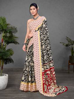 URBAN PALLU - Pure Cotton Black Kalamkari Printed Saree