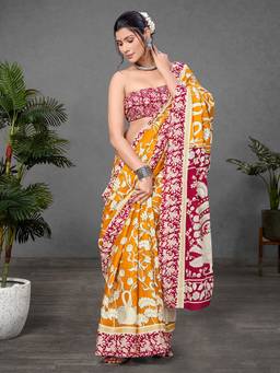 URBAN PALLU - Pure Cotton Mustard Kalamkari Printed Saree