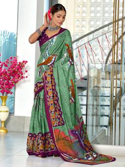 URBAN PALLU - Pure Cotton Green Animal Print Saree