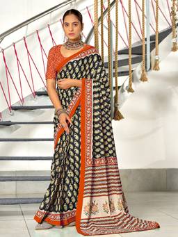 URBAN PALLU - Pure Cotton Black Paisley Printed Saree
