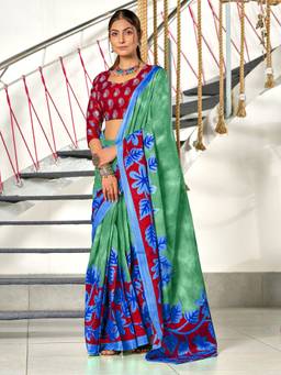 URBAN PALLU - Pure Cotton Green Floral Printed Saree