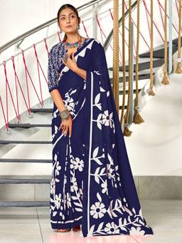 URBAN PALLU - Pure Cotton Navy Blue Floral Printed Saree