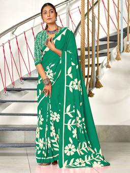 URBAN PALLU - Pure Cotton Green Floral Printed Saree