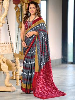 URBAN PALLU - Pure Cotton Grey Ikat Printed Saree