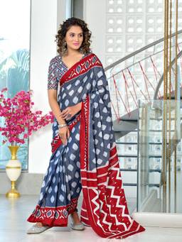 URBAN PALLU - Pure Cotton Grey Geometric Printed Saree