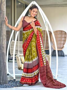 URBAN PALLU - Pure Cotton Green Geometric Printed Saree