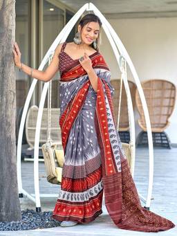URBAN PALLU - Pure Cotton Grey Geometric Printed Saree