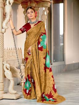 URBAN PALLU - Pure Cotton Gold Floral Printed Saree