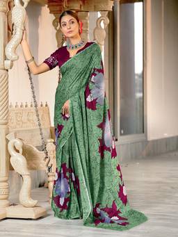 URBAN PALLU - Pure Cotton Green Floral Printed Saree