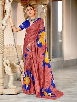 URBAN PALLU - Pure Cotton Brown Floral Printed Saree