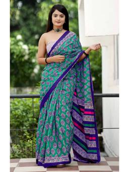 URBAN PALLU - Pure Cotton Green Floral Printed Saree
