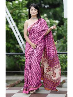 URBAN PALLU - Pure Cotton Pink Floral Printed Saree