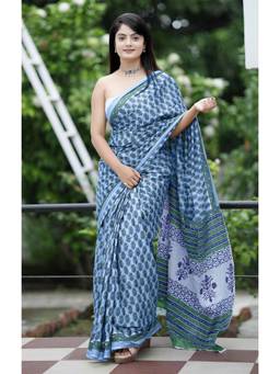 URBAN PALLU - Pure Cotton Blue Floral Printed Saree