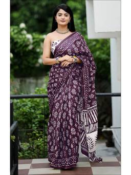 URBAN PALLU - Pure Cotton Burgundy Floral Printed Saree