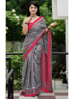 URBAN PALLU - Pure Cotton Grey Floral Printed Saree