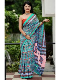 URBAN PALLU - Pure Cotton Turquoise Floral Printed Saree