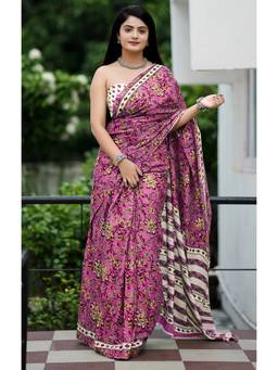 URBAN PALLU - Pure Cotton Pink Floral Printed Saree