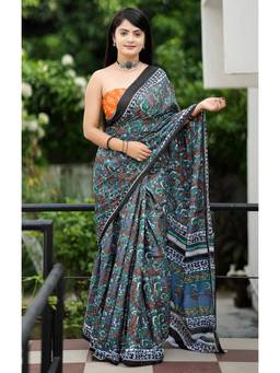 URBAN PALLU - Pure Cotton Blue Floral Printed Saree