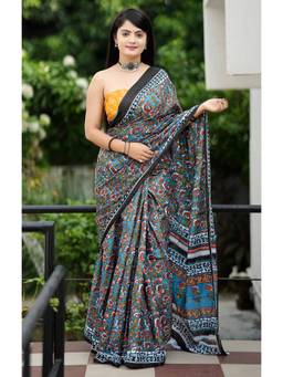 URBAN PALLU - Pure Cotton Blue Floral Printed Saree