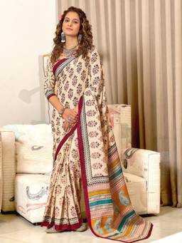 URBAN PALLU - Pure Cotton Cream Floral Printed Saree