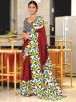 URBAN PALLU - Pure Cotton Maroon Floral Printed Saree
