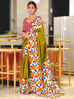 URBAN PALLU - Pure Cotton Green Floral Printed Saree