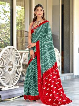 URBAN PALLU - Pure Cotton Teal Geometric Printed Saree