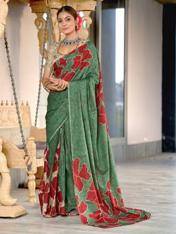 URBAN PALLU - Pure Cotton Green Floral Printed Saree