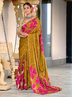 URBAN PALLU - Pure Cotton Mustard Floral Printed Saree