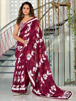 URBAN PALLU - Pure Cotton Maroon Floral Printed Saree