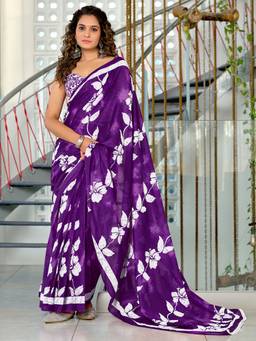 URBAN PALLU - Pure Cotton Purple Floral Printed Saree
