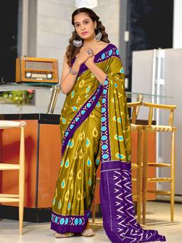 URBAN PALLU - Pure Cotton Green Ikat Printed Saree