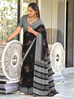 URBAN PALLU - Pure Cotton Black Printed Woven Saree