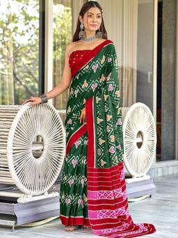 URBAN PALLU - Pure Cotton Green Ikat Printed Saree