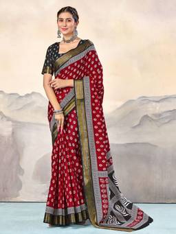 URBAN PALLU - Pure Cotton Red Floral Printed Saree