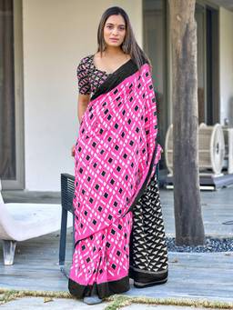 URBAN PALLU - Pure Cotton Pink Geometric Printed Saree