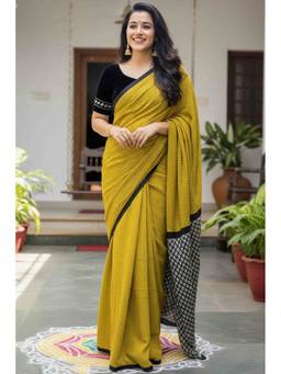 URBAN PALLU - Pure Cotton Mustard Stripes Saree