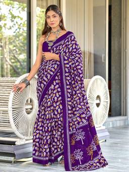 URBAN PALLU - Pure Cotton Purple Floral Printed Saree