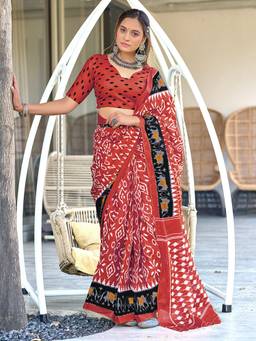 URBAN PALLU - Pure Cotton Rust Ikat Printed Saree