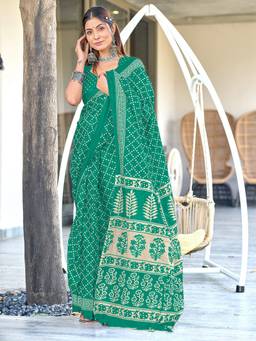URBAN PALLU - Pure Cotton Teal Geometric Printed Saree