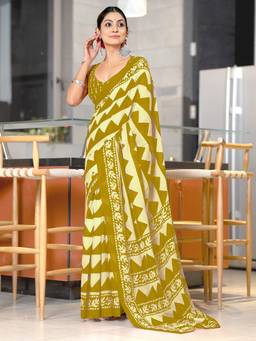 URBAN PALLU - Pure Cotton Green Geometric Printed Saree