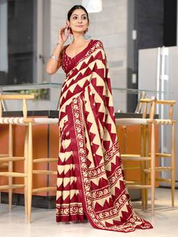 URBAN PALLU - Pure Cotton Maroon Geometric Printed Saree