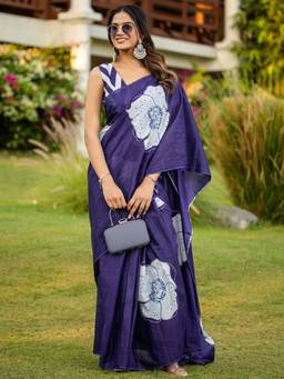 URBAN PALLU - Pure Cotton Blue Floral Printed Saree