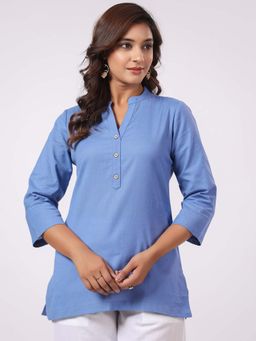 PIROH - Women Cotton Solid Short Kurti-Ice Blue