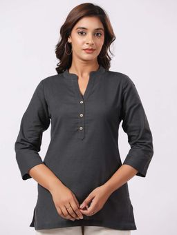 PIROH - Women Cotton Solid Short Kurti-Dark Grey