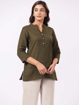 PIROH - Women Cotton Solid Short Kurti-Dark Olive